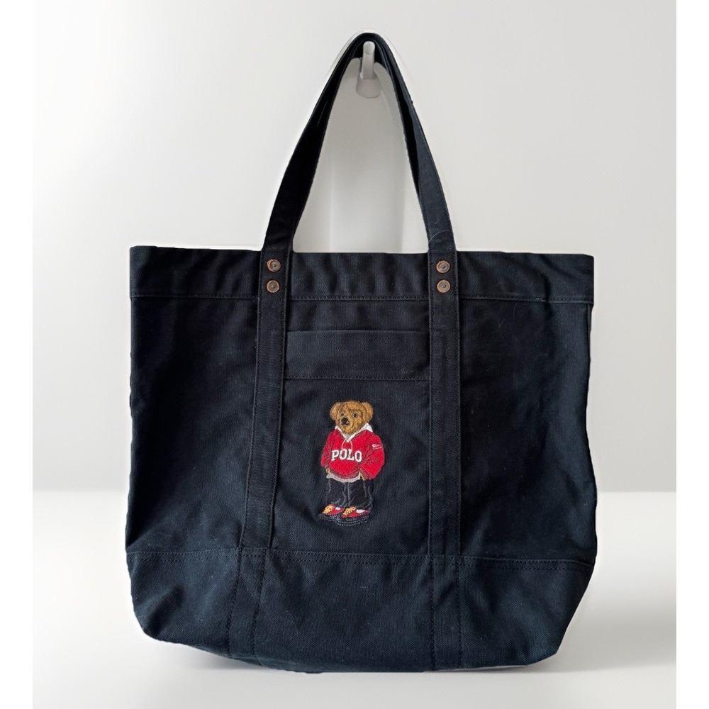 Polo Ralph Lauren Large Black Canvas Zip Tote Embroidered Polo Bear New With Tag